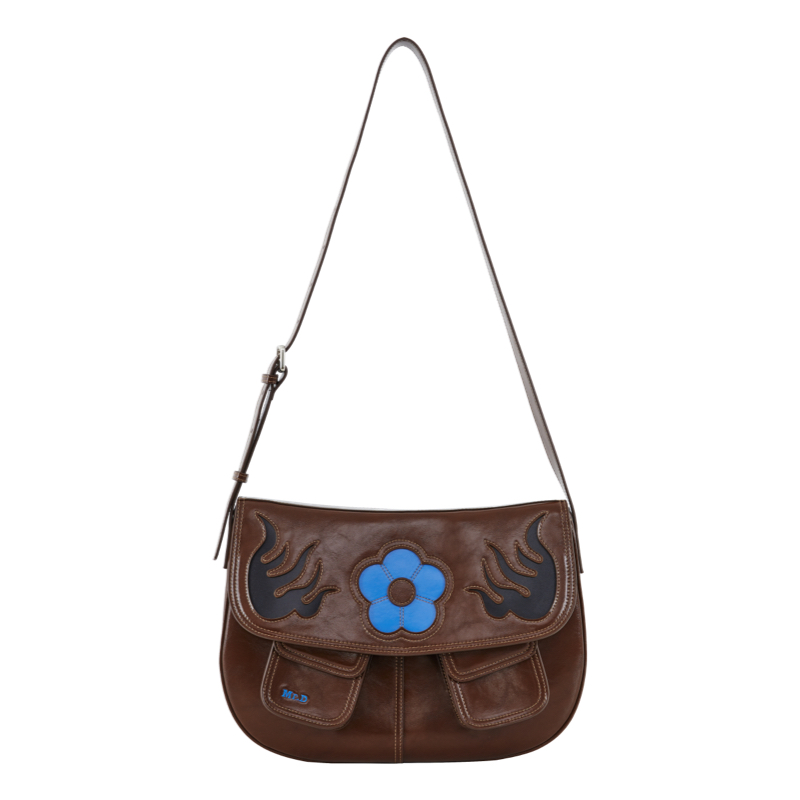Vintage Color-Blocked Cowhide Saddle Bag with Flame and Flower Design - Trendy Y2K Style Purse
