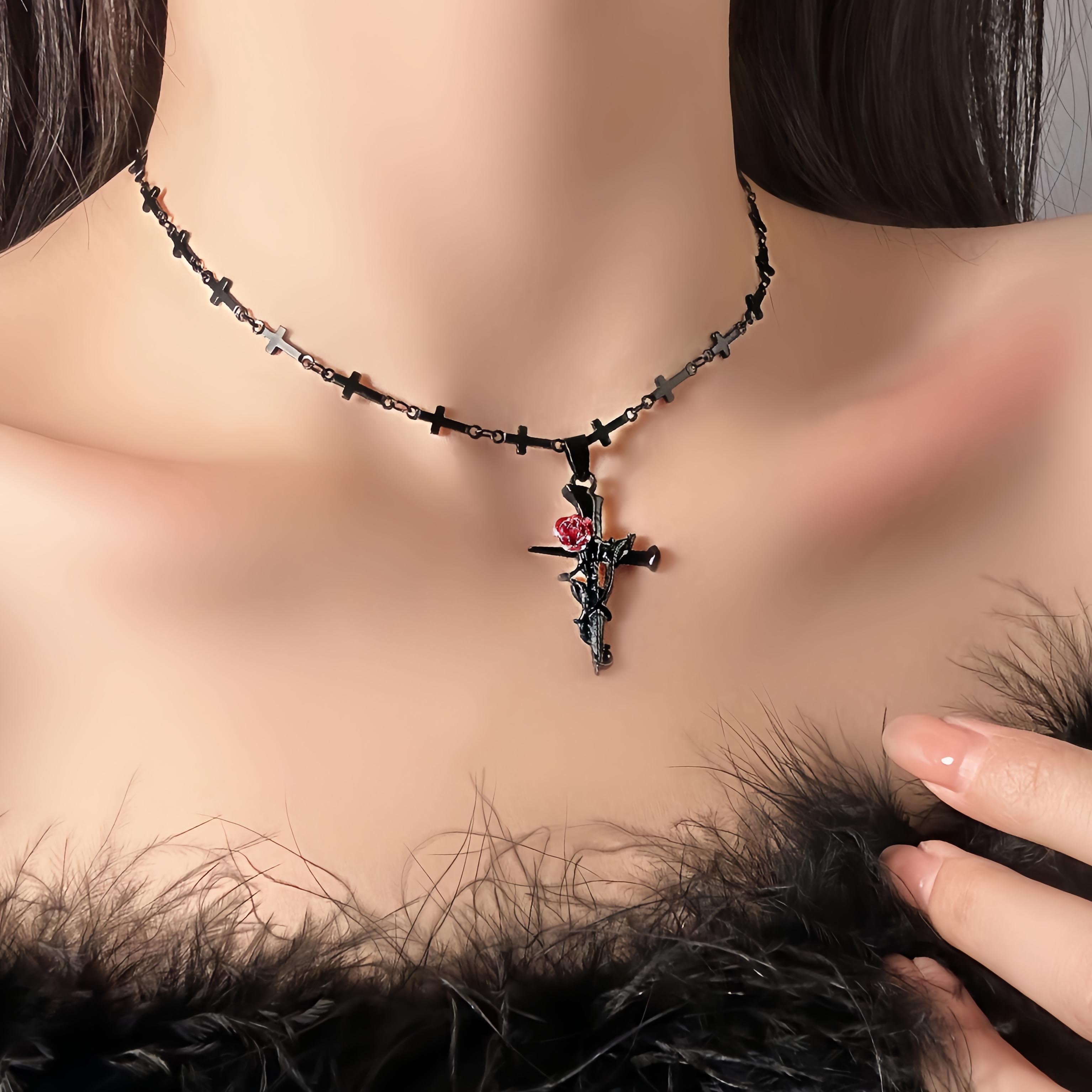 Vintage Dark Cross Thorn Rose Choker Necklace for Women - Sweet Spicy Cool Heart Collar Jewelry