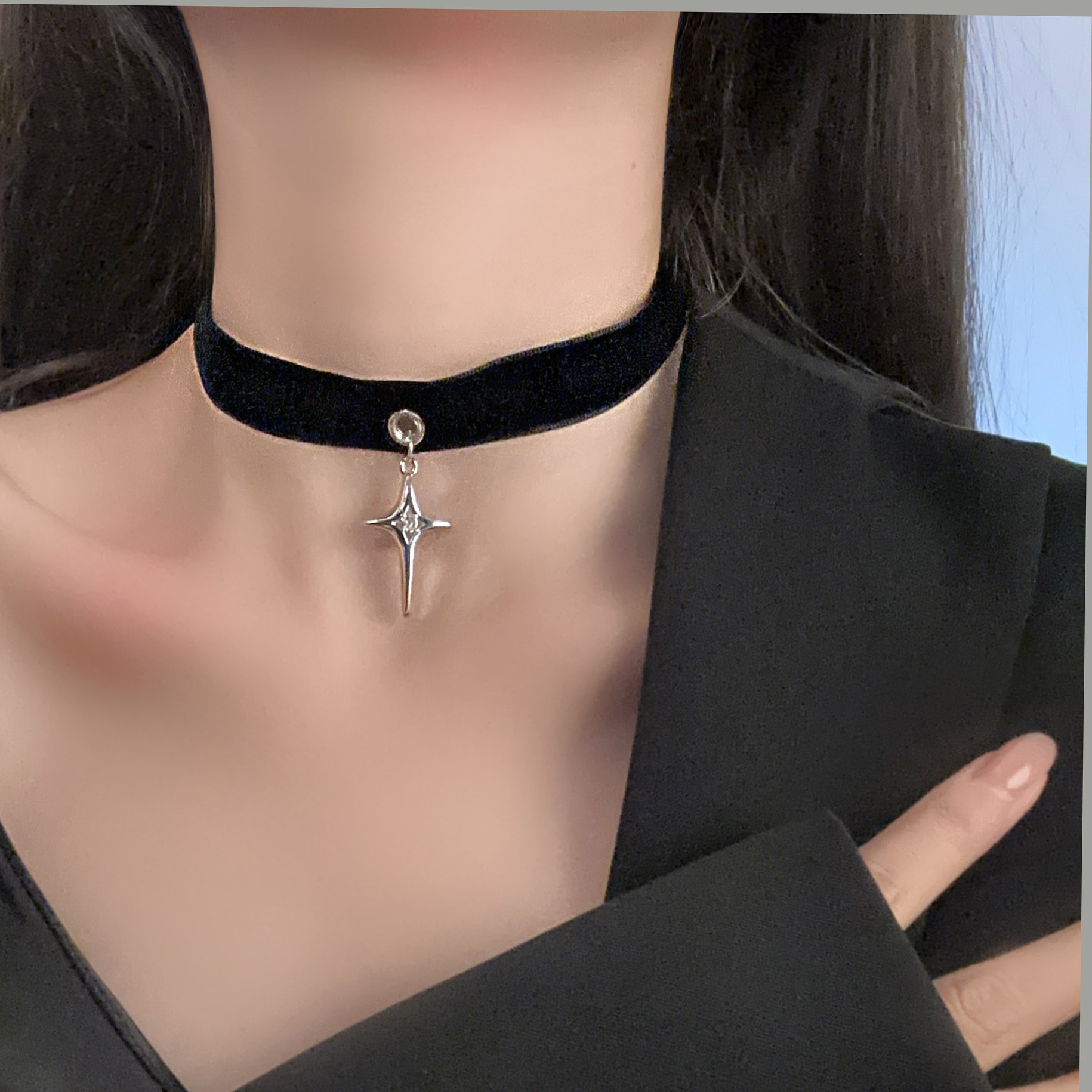 Vintage Dark Style Whale Tang Cross Four-Pointed Star Choker Necklace with Velvet Ribbon Short Neck Chain