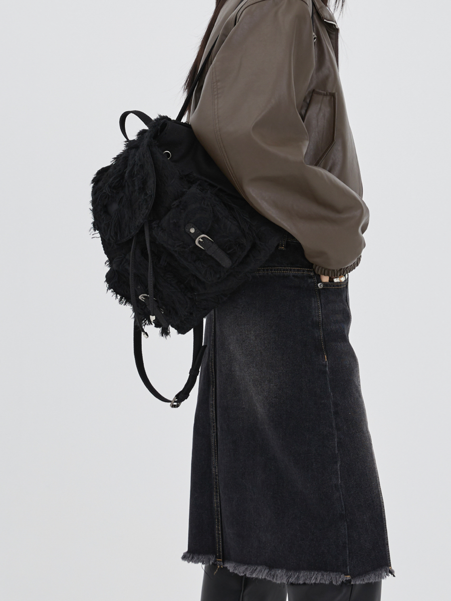 Vintage Denim Backpack with Small Mop Tassel Totem Design - Retro Style, Y2K Fashion, Unique Accessories for Trendsetters Vintage Denim Backpack with Small Mop Tassel Totem Design - Retro Style, Y2K Fashion, Unique Accessories for Trendsetters