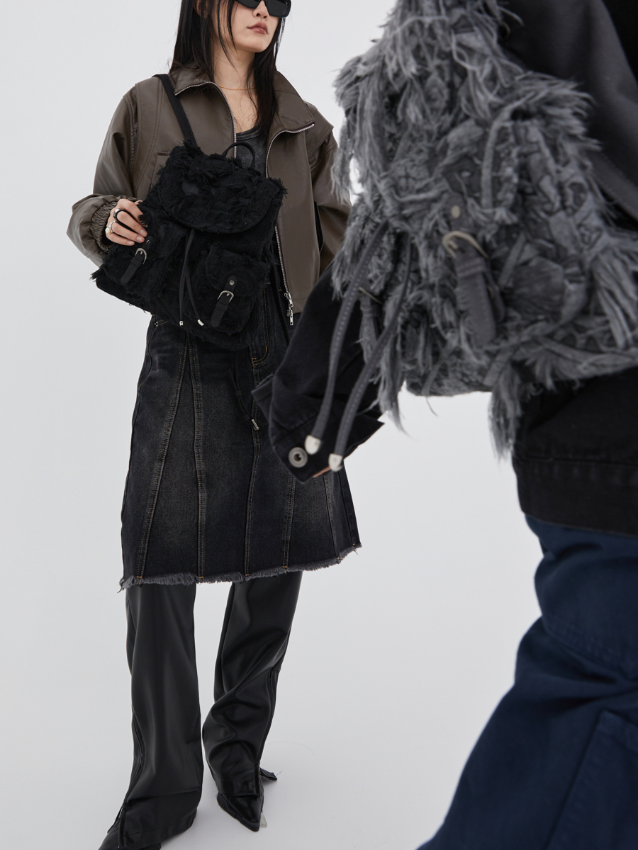 Vintage Denim Backpack with Small Mop Tassel Totem Design - Retro Style, Y2K Fashion, Unique Accessories for Trendsetters Vintage Denim Backpack with Small Mop Tassel Totem Design - Retro Style, Y2K Fashion, Unique Accessories for Trendsetters