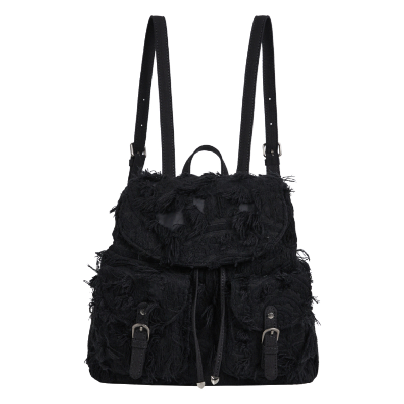 Vintage Denim Backpack with Small Mop Tassel Totem Design - Retro Style, Y2K Fashion, Unique Accessories for Trendsetters