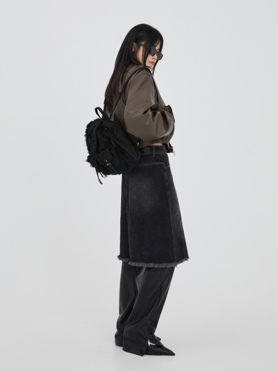 Vintage Denim Backpack with Small Mop Tassel Totem Design - Retro Style, Y2K Fashion, Unique Accessories for Trendsetters