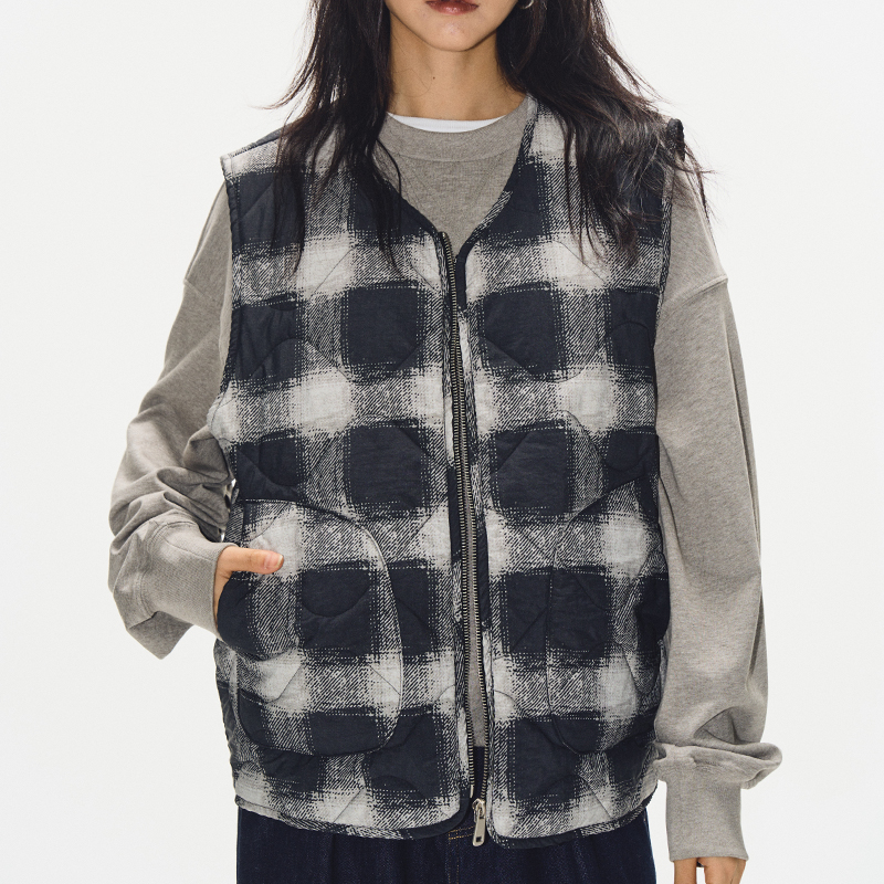 Vintage Digital Grid Print Cotton Vest for Women - Sleeveless Gourd Jacket for Autumn Winter - Retro 90s Style Waistcoat