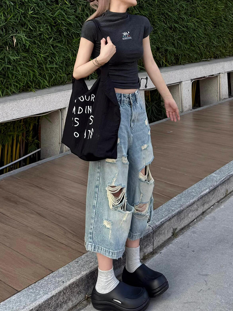 Vintage Distressed Cropped High-Waisted Wide-Leg Denim Pants for Women - Summer Slimming Straight-Leg Trousers Vintage Distressed Cropped High-Waisted Wide-Leg Denim Pants for Women - Summer Slimming Straight-Leg Trousers