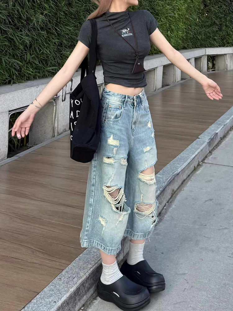 Vintage Distressed Cropped High-Waisted Wide-Leg Denim Pants for Women - Summer Slimming Straight-Leg Trousers