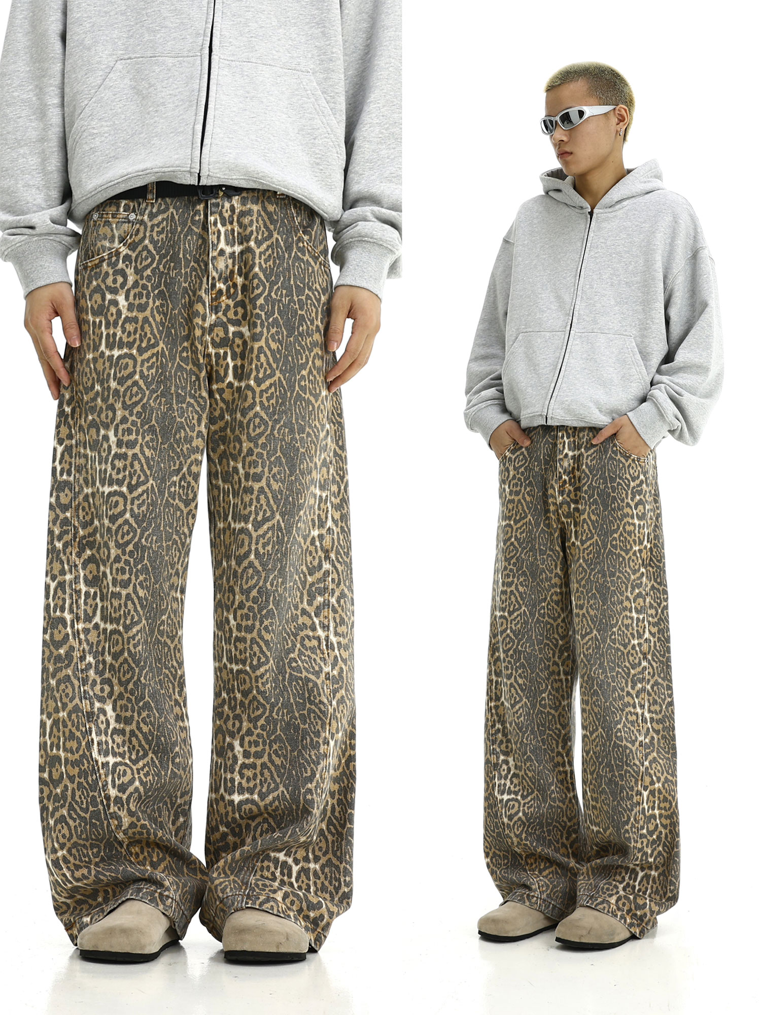 Vintage Distressed Leopard Print Denim Pants for Men and Women - Loose Straight Fit, Casual Spring Style
