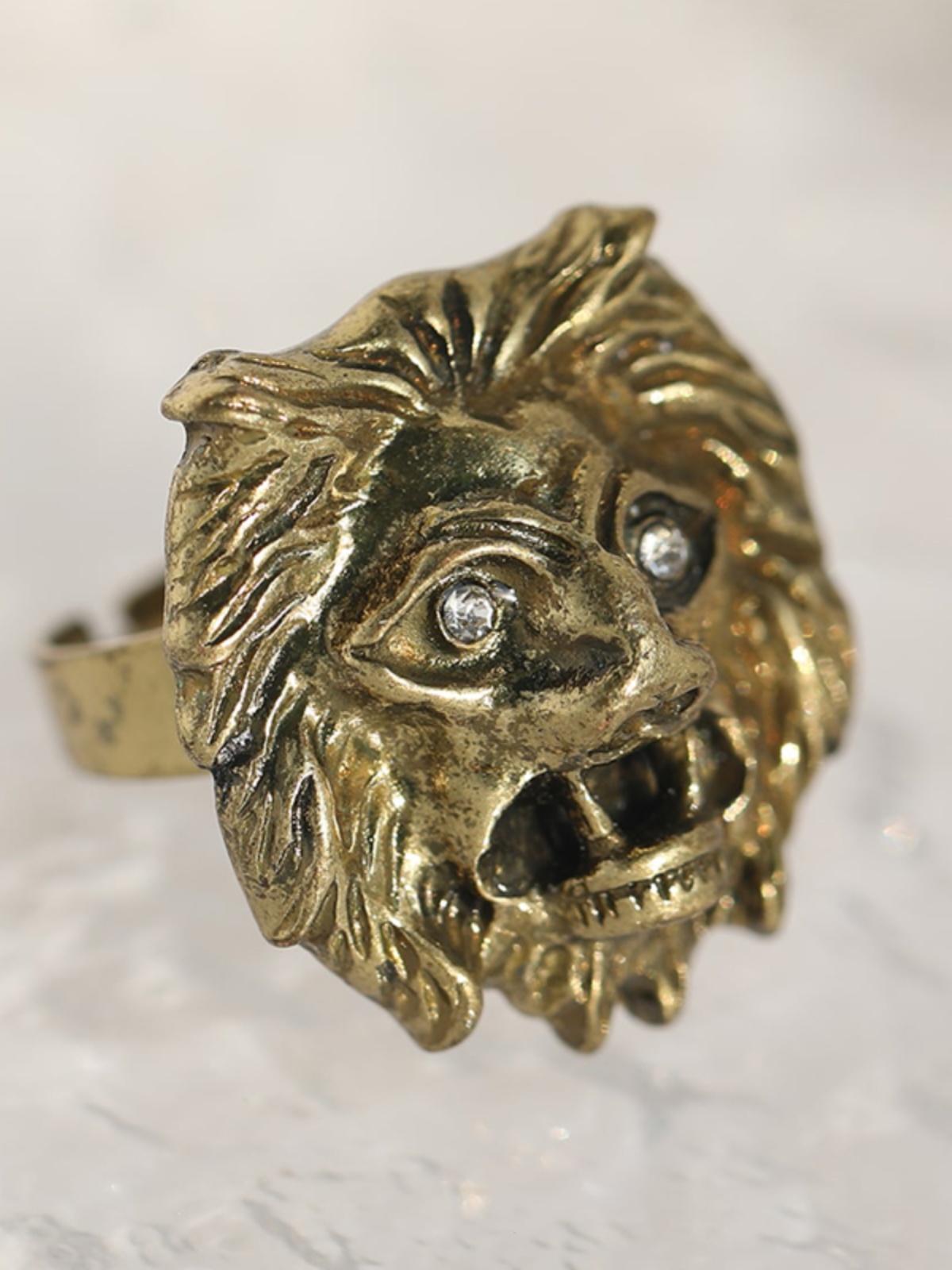 Vintage Distressed Lion Head Diamond Ring - Adjustable Open Fashion Statement Jewelry for Women - Trendy Versatile Style