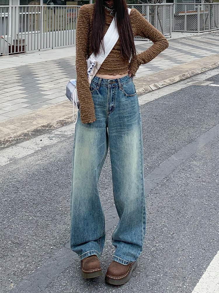 Vintage Distressed Wide-Leg Jeans for Women - High-Waisted Loose Straight-Leg Floor-Length Pants for Spring 2025
