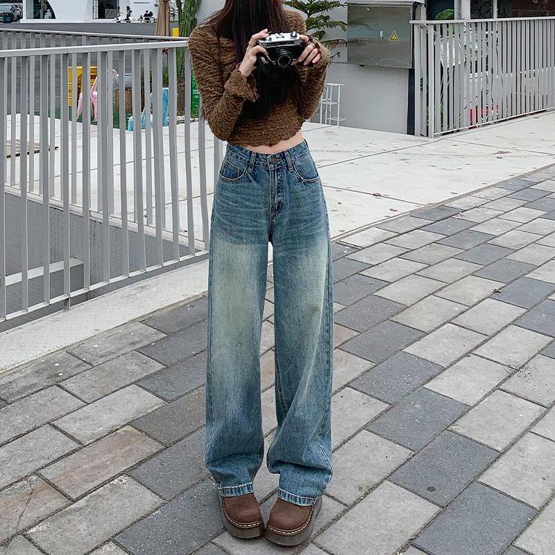 Vintage Distressed Wide-Leg Jeans for Women - High-Waisted Loose Straight-Leg Floor-Length Pants for Spring 2025