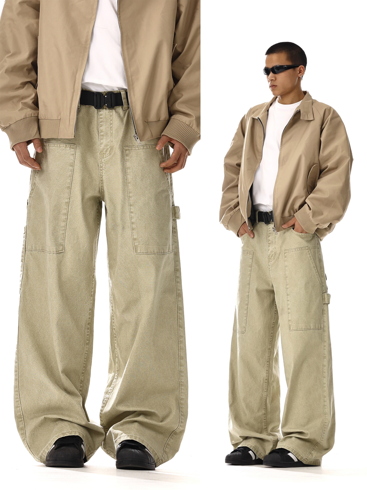 Vintage Distressed Workwear Denim Pants for Men & Women, Versatile Straight Loose Fit, Slimming Patchwork Casual Long Pants