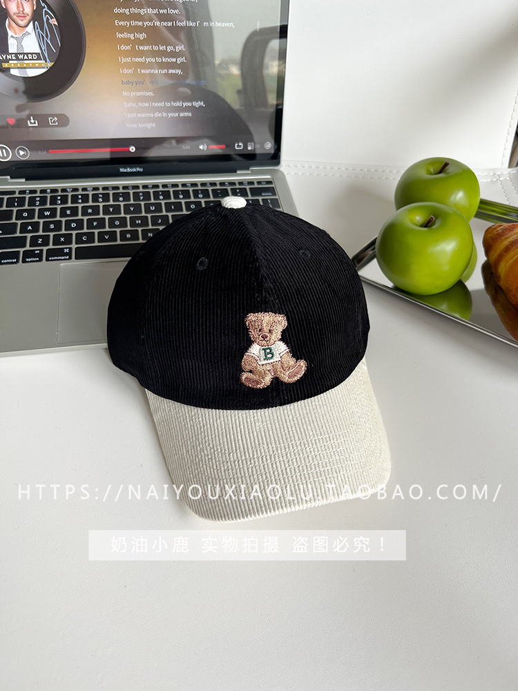 Vintage Embroidered Corduroy Duckbill Cap for Women - Cute Bear Design, Color-Blocking Baseball Cap for Autumn & Winter Couples Style