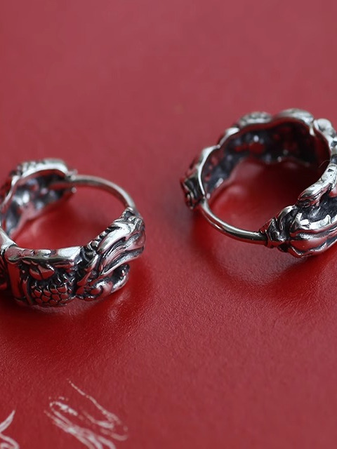 Vintage Engraved Chinese Dragon Pattern 925 Silver Earrings for Men and Women - Bold Unique Totem Jewelry