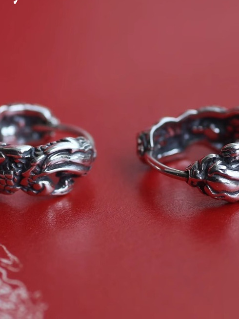 Vintage Engraved Chinese Dragon Pattern 925 Silver Earrings for Men and Women - Bold Unique Totem Jewelry Vintage Engraved Chinese Dragon Pattern 925 Silver Earrings for Men and Women - Bold Unique Totem Jewelry
