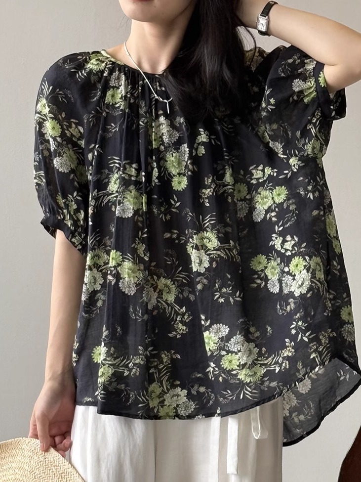 Vintage Floral Doll Shirt - Women's Back Open Cardigan with Tie, Unique French Style, 2025 Summer Short Sleeve Top Vintage Floral Doll Shirt - Women's Back Open Cardigan with Tie, Unique French Style, 2025 Summer Short Sleeve Top