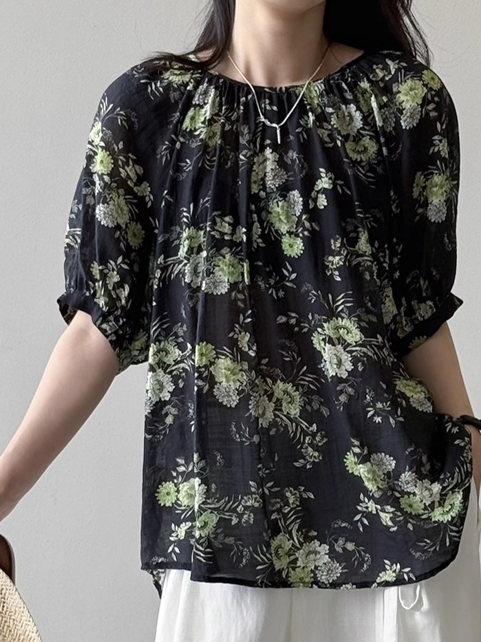 Vintage Floral Doll Shirt - Women's Back Open Cardigan with Tie, Unique French Style, 2025 Summer Short Sleeve Top Vintage Floral Doll Shirt - Women's Back Open Cardigan with Tie, Unique French Style, 2025 Summer Short Sleeve Top