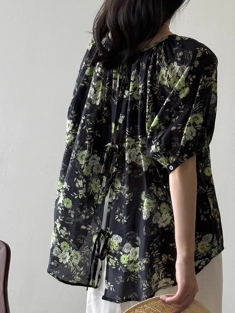 Vintage Floral Doll Shirt - Women's Back Open Cardigan with Tie, Unique French Style, 2025 Summer Short Sleeve Top