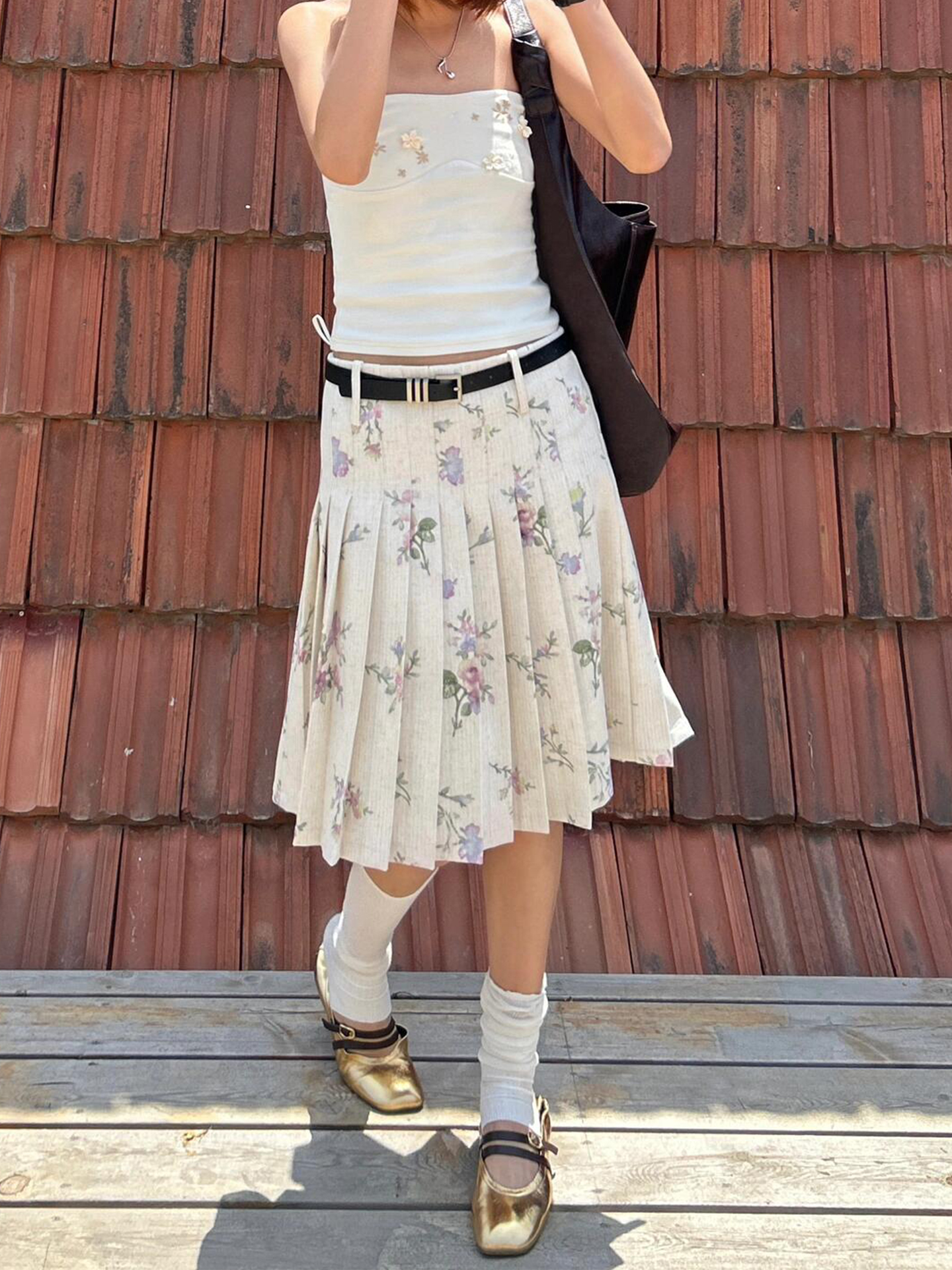 Vintage Floral Midi Skirt for Women - Eccentric French Style, Pleated, Casual, Versatile, Slimming Design