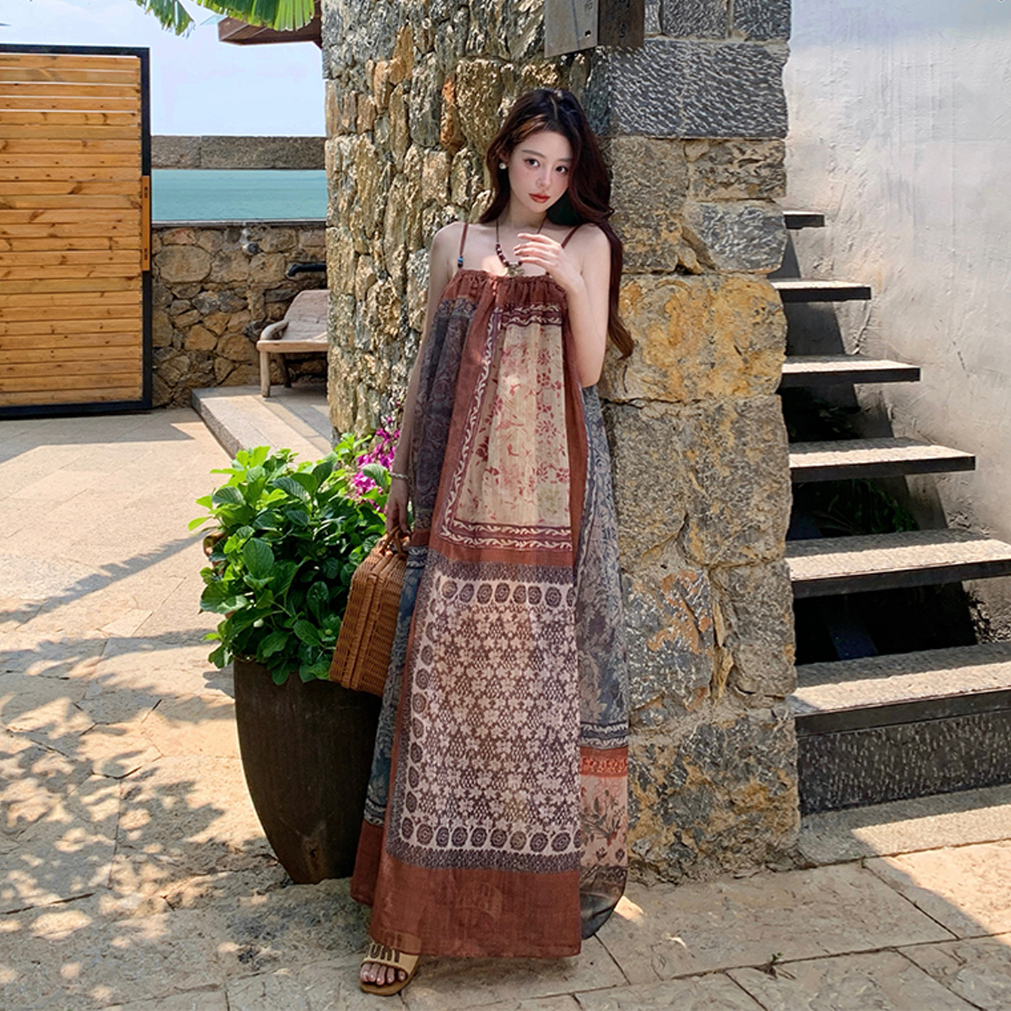 Vintage Floral Spaghetti Strap Dress for Women - Exotic Ethnic Style Beach Vacation Outfit, 90s Inspired Travel Fashion