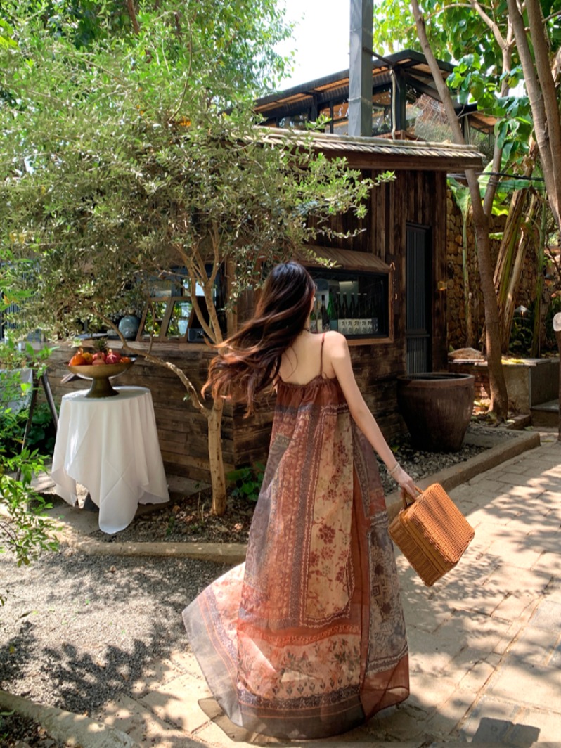 Vintage Floral Spaghetti Strap Dress for Women - Exotic Ethnic Style Beach Vacation Outfit, 90s Inspired Travel Fashion Vintage Floral Spaghetti Strap Dress for Women - Exotic Ethnic Style Beach Vacation Outfit, 90s Inspired Travel Fashion