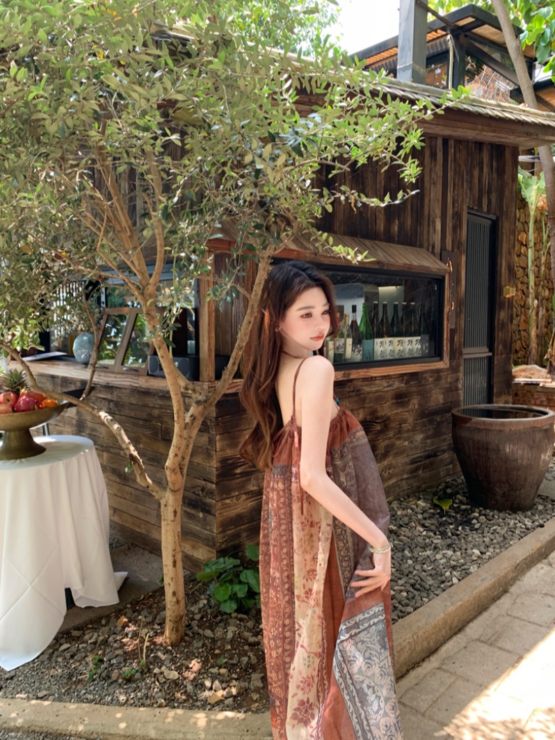 Vintage Floral Spaghetti Strap Dress for Women - Exotic Ethnic Style Beach Vacation Outfit, 90s Inspired Travel Fashion Vintage Floral Spaghetti Strap Dress for Women - Exotic Ethnic Style Beach Vacation Outfit, 90s Inspired Travel Fashion