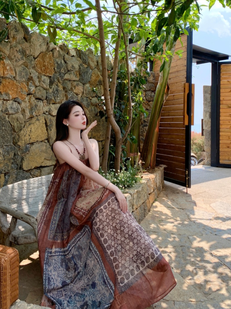 Vintage Floral Spaghetti Strap Dress for Women - Exotic Ethnic Style Beach Vacation Outfit, 90s Inspired Travel Fashion Vintage Floral Spaghetti Strap Dress for Women - Exotic Ethnic Style Beach Vacation Outfit, 90s Inspired Travel Fashion