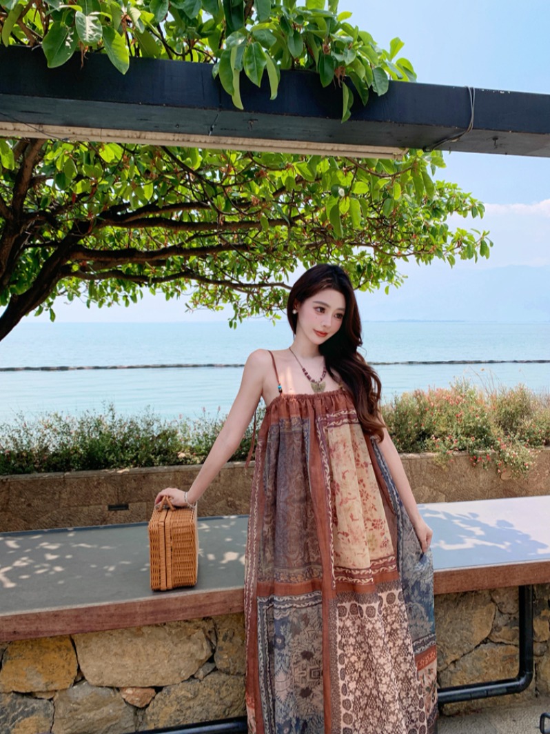 Vintage Floral Spaghetti Strap Dress for Women - Exotic Ethnic Style Beach Vacation Outfit, 90s Inspired Travel Fashion Vintage Floral Spaghetti Strap Dress for Women - Exotic Ethnic Style Beach Vacation Outfit, 90s Inspired Travel Fashion