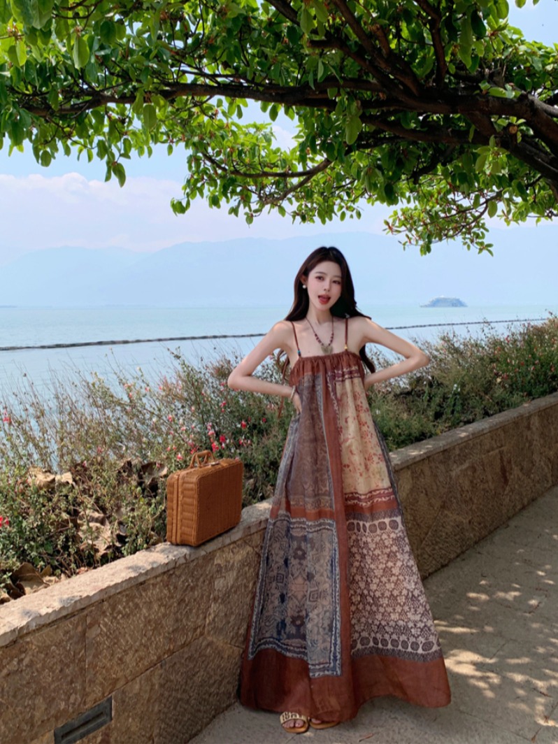 Vintage Floral Spaghetti Strap Dress for Women - Exotic Ethnic Style Beach Vacation Outfit, 90s Inspired Travel Fashion Vintage Floral Spaghetti Strap Dress for Women - Exotic Ethnic Style Beach Vacation Outfit, 90s Inspired Travel Fashion