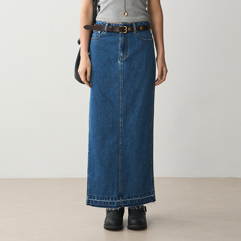 Vintage Frayed Denim Midi Skirt for Women, Slimming Side Slit, Straight Cut, Versatile 90s Style Fashion