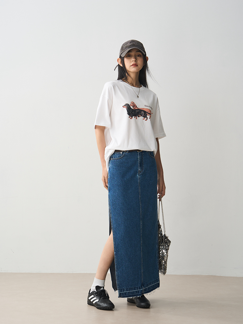 Vintage Frayed Denim Midi Skirt for Women, Slimming Side Slit, Straight Cut, Versatile 90s Style Fashion