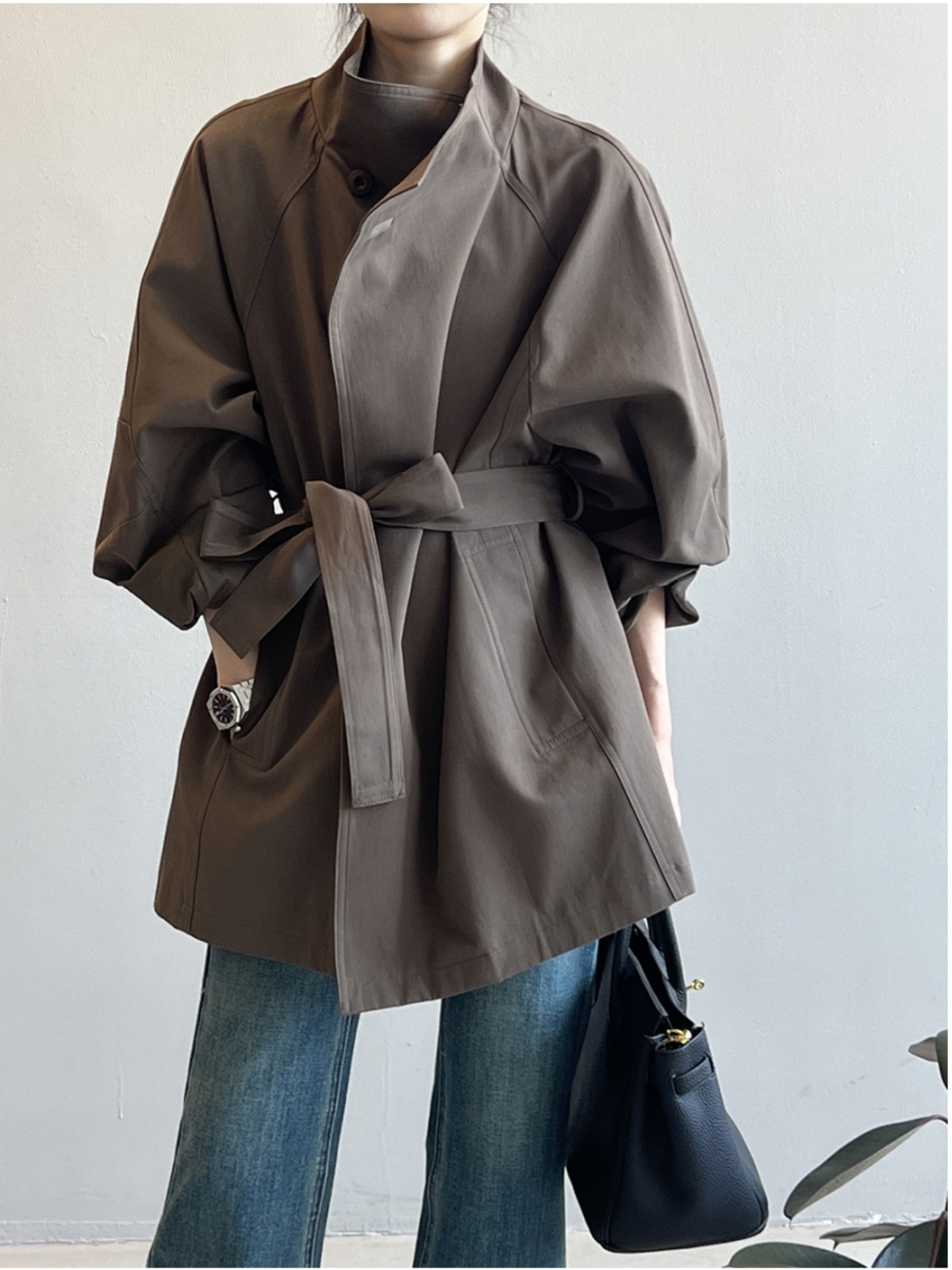 Vintage French Mid-Length Trench Coat for Women - Loose Fit, Casual Stand Collar, Spring Autumn 2025 Fashion