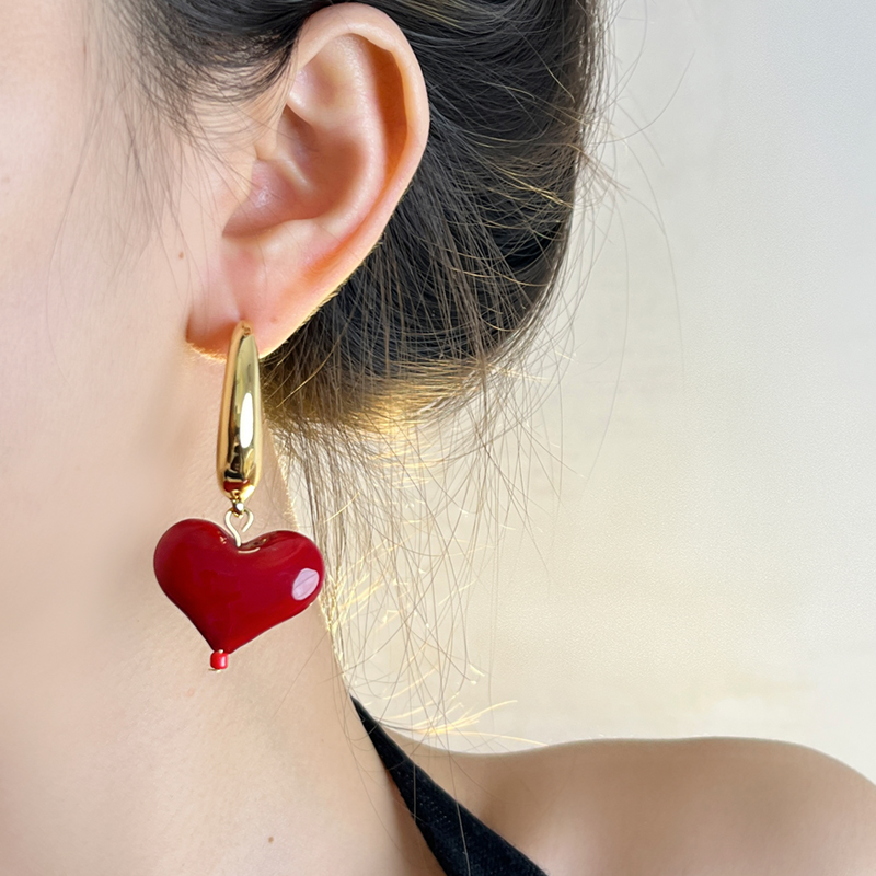 Vintage French Red Heart Pendant Earrings for Women - Unique Heart-Shaped Studs, Charming Feminine Style for 2025 Fashion