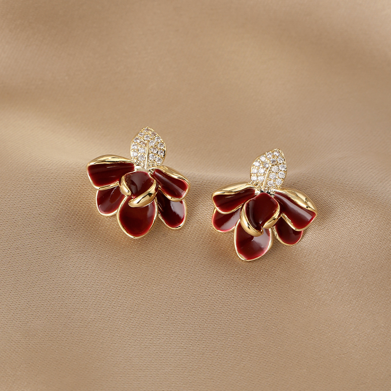 Vintage French Red Petal Dripping Glaze Earrings for Women, Leaf-Shaped Floral Design, Elegant Autumn Winter Jewelry