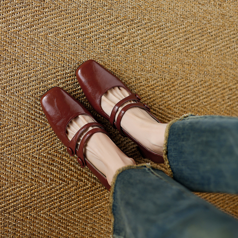 Vintage French Square-Toe Genuine Leather Chunky-Heeled Mary Jane Shoes in Wine Red for Women – Retro Y2K Style