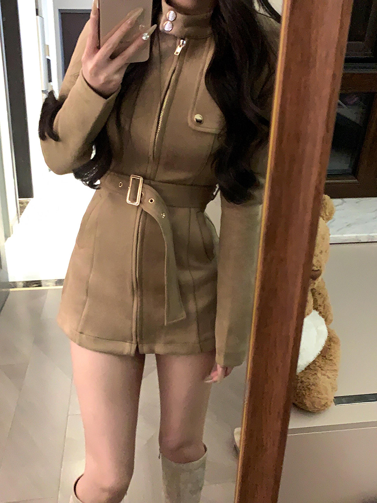 Vintage French Stand Collar Suede Dress Coat for Women - Slim Waist, Hip-Hugging Short Skirt Suit, Spicy Girl Workwear for Winter Vintage French Stand Collar Suede Dress Coat for Women - Slim Waist, Hip-Hugging Short Skirt Suit, Spicy Girl Workwear for Winter