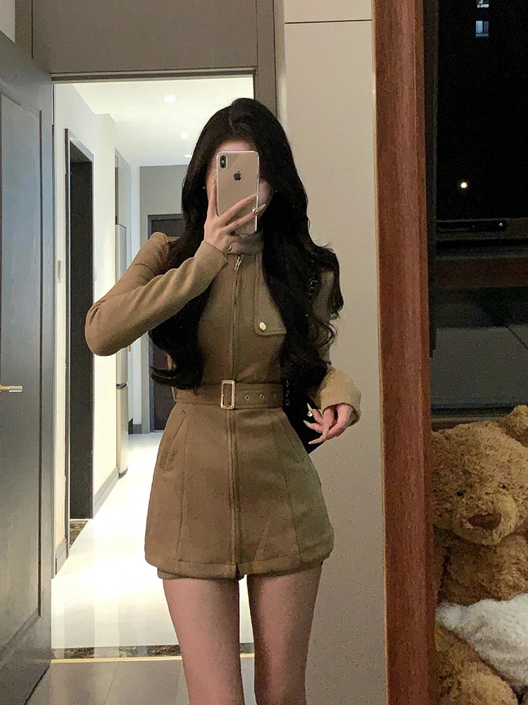 Vintage French Stand Collar Suede Dress Coat for Women - Slim Waist, Hip-Hugging Short Skirt Suit, Spicy Girl Workwear for Winter