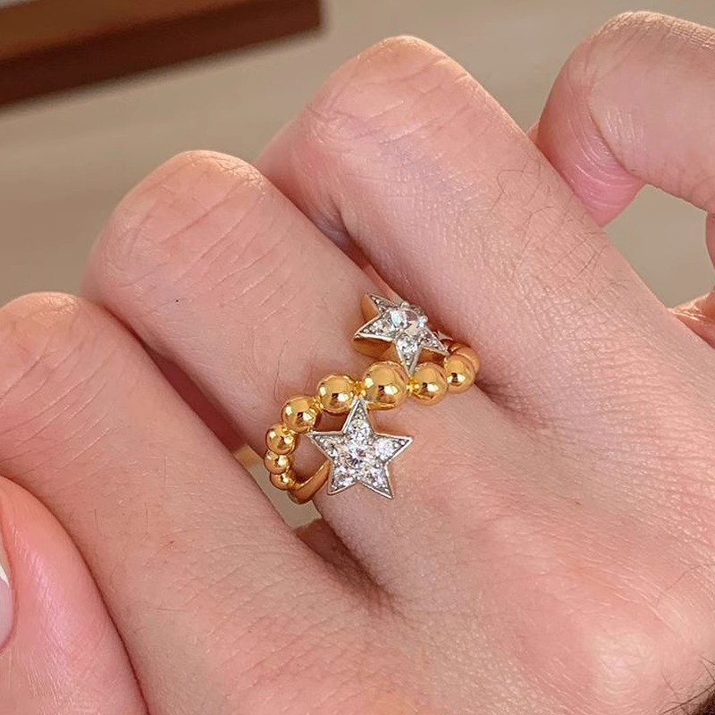 Vintage Gemini Ring for Women, Round Bead Five-Pointed Star Design with Sparkling Diamonds, 2025 Trendy Index Finger Ring