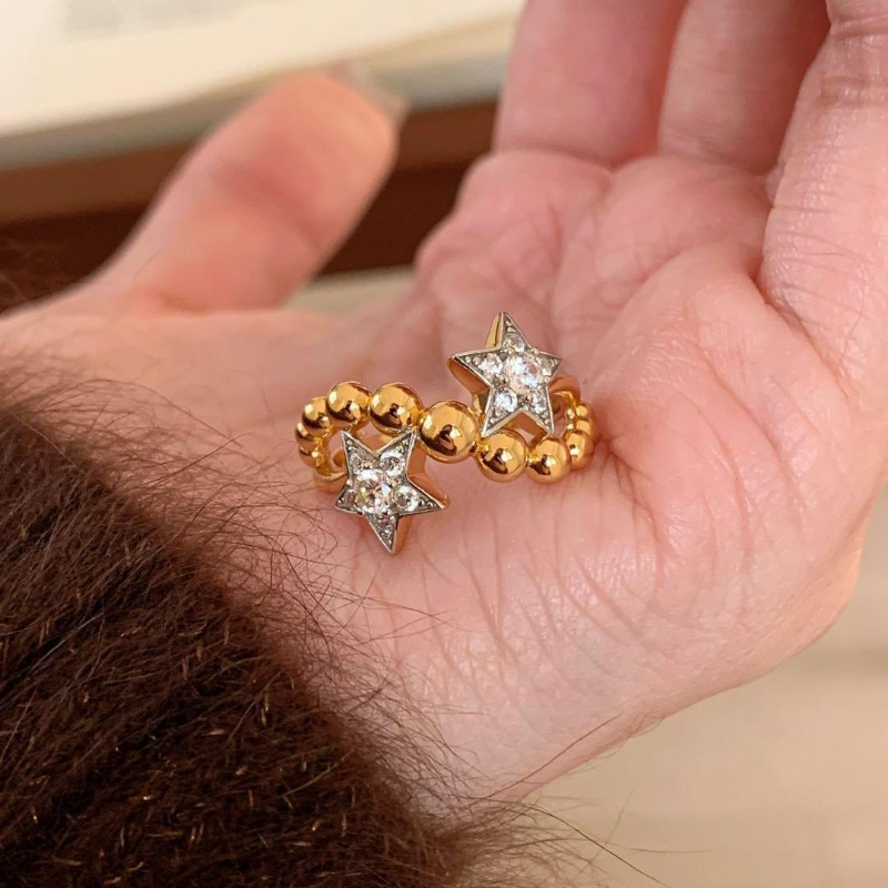 Vintage Gemini Ring for Women, Round Bead Five-Pointed Star Design with Sparkling Diamonds, 2025 Trendy Index Finger Ring