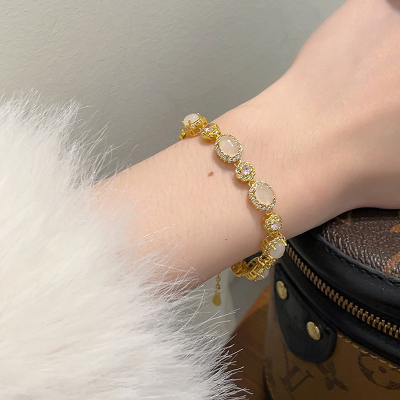 Vintage Gold-Plated Imitation White Jade Cherry Blossom Pink Zirconia Bracelet for Women - High-End Luxury Bangle Gift