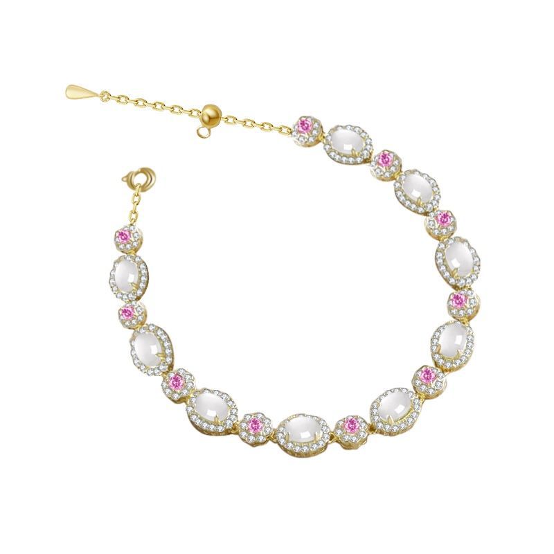 Vintage Gold-Plated Imitation White Jade Cherry Blossom Pink Zirconia Bracelet for Women - High-End Luxury Bangle Gift