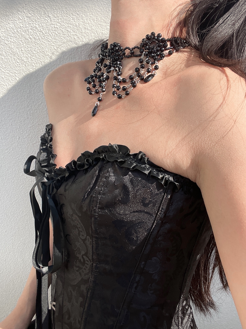 Vintage Gothic Woven Black Bead Choker Necklace with Tassels, Heavy Industry Clavicle Chain for Women, Boho Statement Jewelry Vintage Gothic Woven Black Bead Choker Necklace with Tassels, Heavy Industry Clavicle Chain for Women, Boho Statement Jewelry