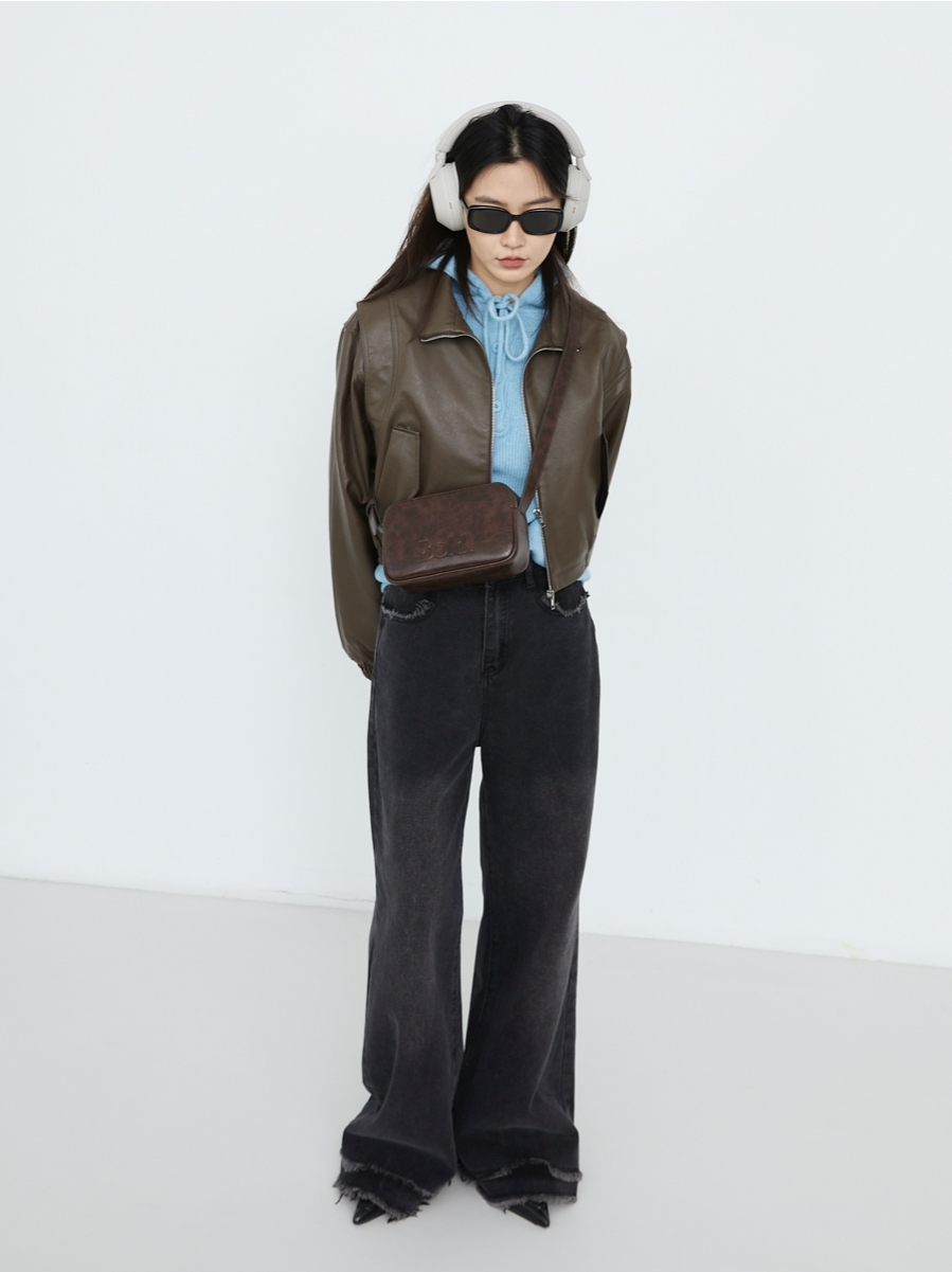 Vintage Gradient Cowhide Small Square Bag with Three-Layer Zipper - Stylish 90s-Inspired Accessory in 3 Colors