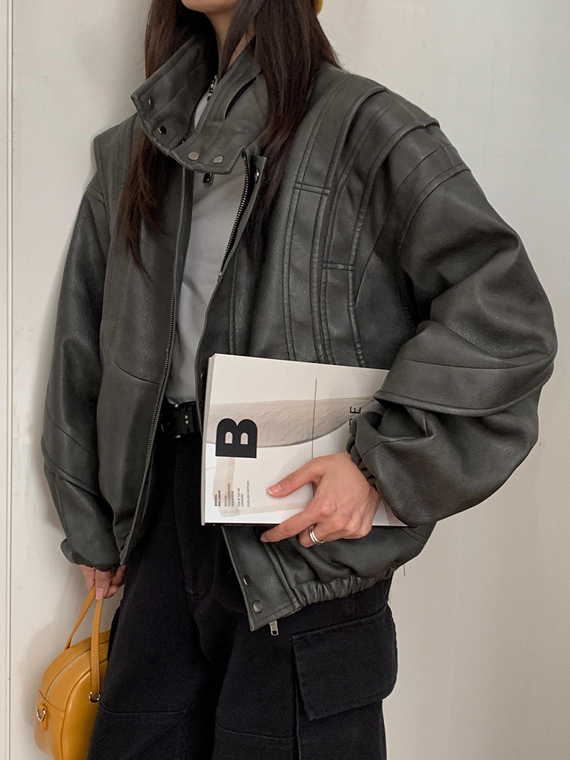 Vintage Gray Heavy-Duty Structured Leather Motorcycle Jacket for Women, Designer PU Leather Outerwear, 90s Inspired Fashion Vintage Gray Heavy-Duty Structured Leather Motorcycle Jacket for Women, Designer PU Leather Outerwear, 90s Inspired Fashion