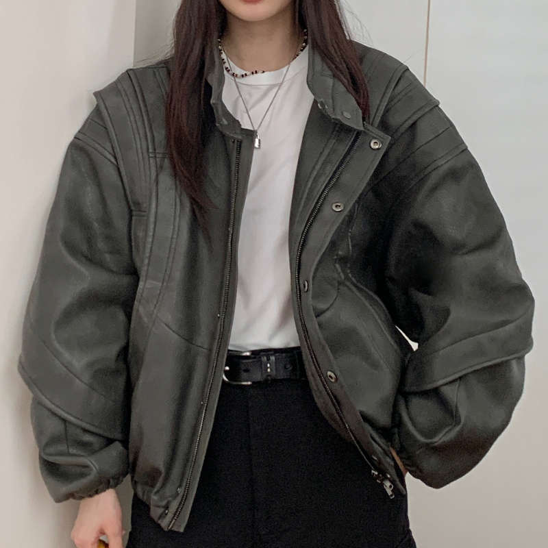 Vintage Gray Heavy-Duty Structured Leather Motorcycle Jacket for Women, Designer PU Leather Outerwear, 90s Inspired Fashion