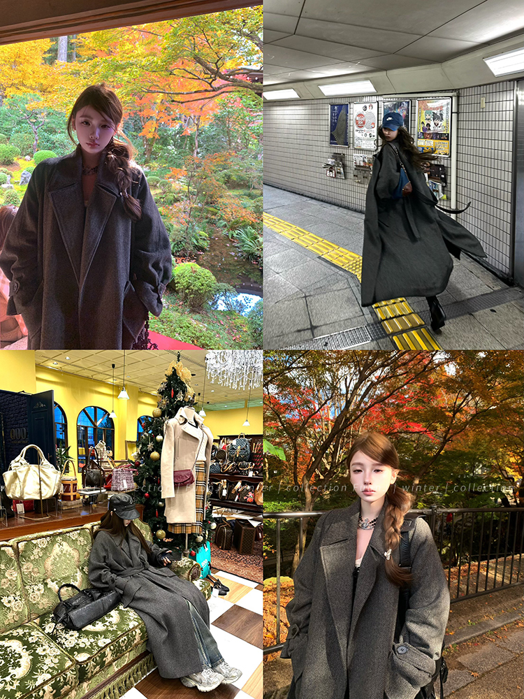 Vintage Gray Mid-Length Waist-Defined Houndstooth Wool Coat for Women - 90s Inspired Chic Outerwear Vintage Gray Mid-Length Waist-Defined Houndstooth Wool Coat for Women - 90s Inspired Chic Outerwear