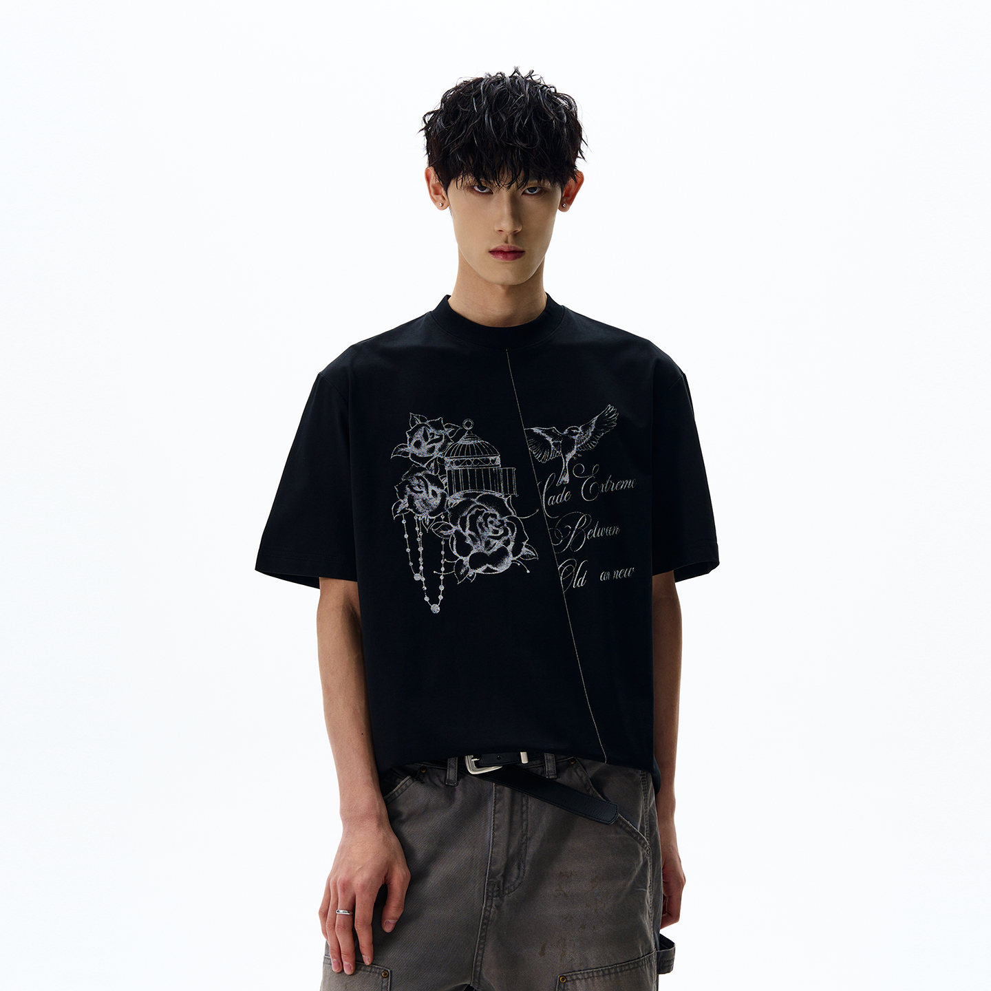 Vintage Hand-Painted Printed Short Sleeve T-Shirt for Men - Boxy Fit, Drop Shoulder, Casual Style