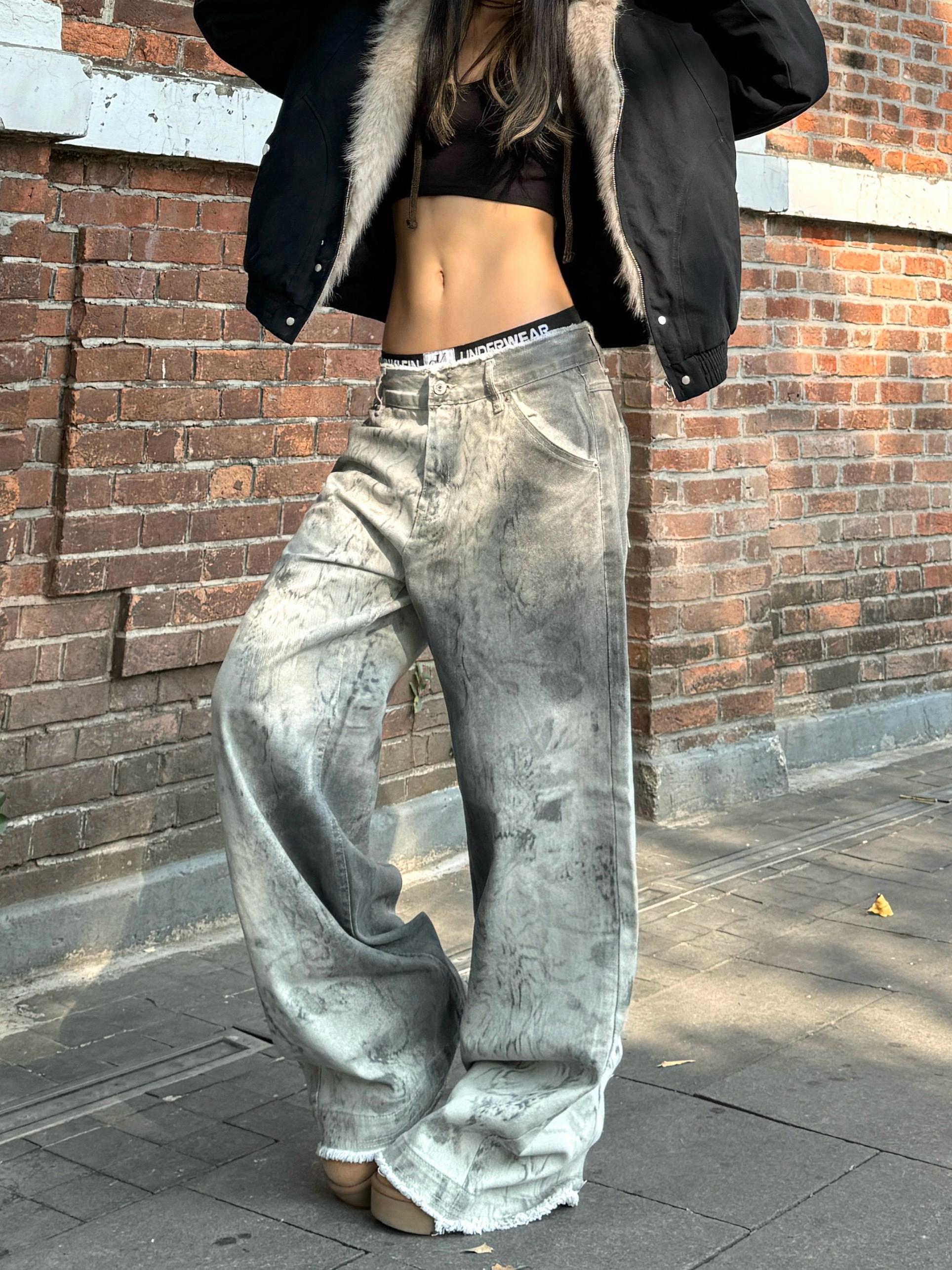 Vintage High Street Distressed Snake Print Tie-Dye Wide-Leg Jeans for Women - Trendy 90s Inspired Loose Fit Denim Pants Vintage High Street Distressed Snake Print Tie-Dye Wide-Leg Jeans for Women - Trendy 90s Inspired Loose Fit Denim Pants