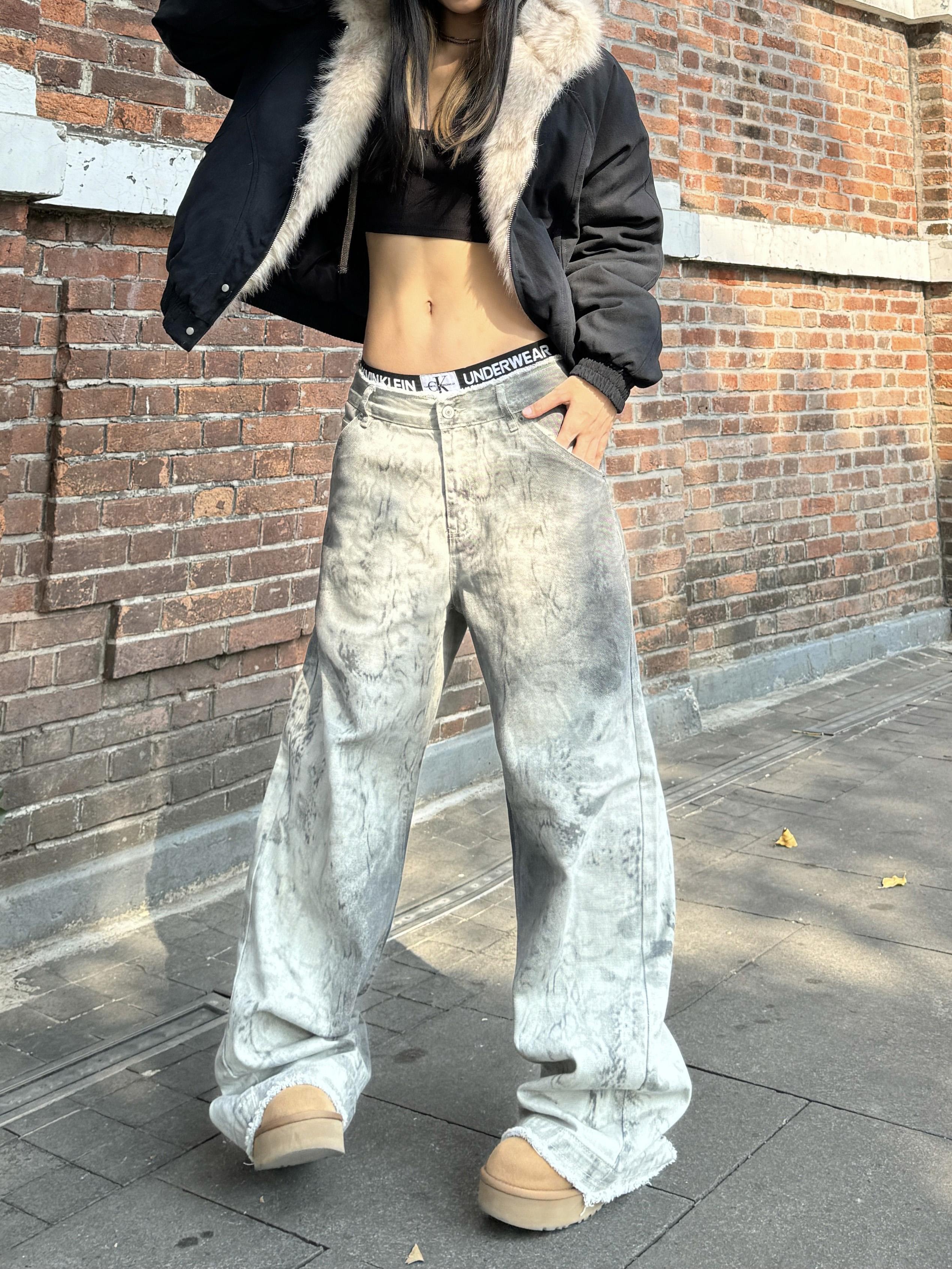 Vintage High Street Distressed Snake Print Tie-Dye Wide-Leg Jeans for Women - Trendy 90s Inspired Loose Fit Denim Pants Vintage High Street Distressed Snake Print Tie-Dye Wide-Leg Jeans for Women - Trendy 90s Inspired Loose Fit Denim Pants