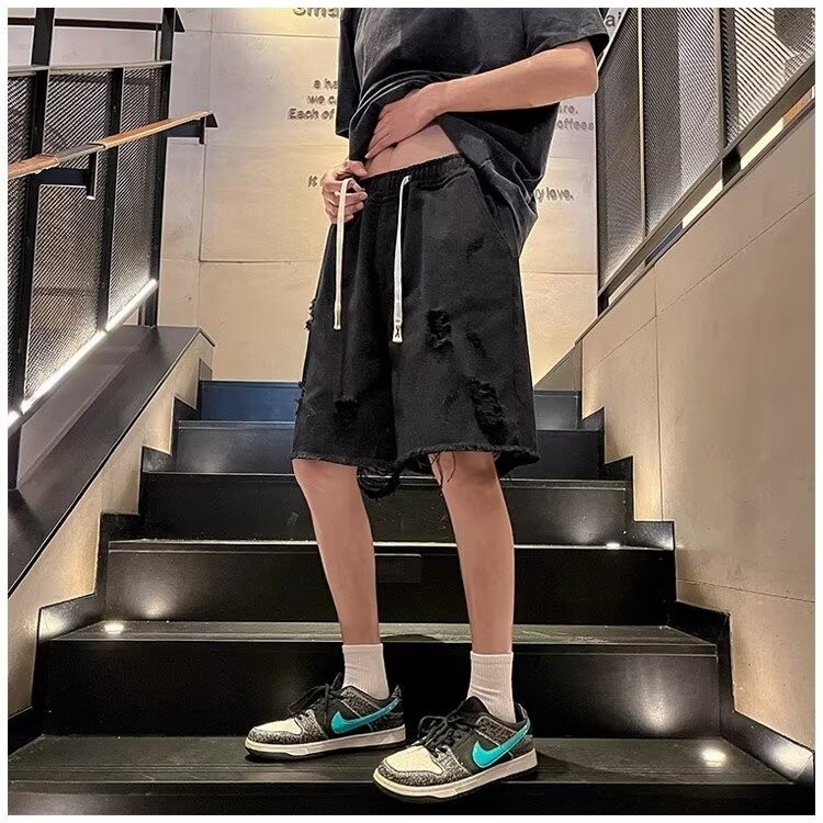 Vintage High Street Frayed Washed Denim Shorts for Men & Women, Trendy Loose Straight Casual Summer Five-Point Shorts Vintage High Street Frayed Washed Denim Shorts for Men & Women, Trendy Loose Straight Casual Summer Five-Point Shorts