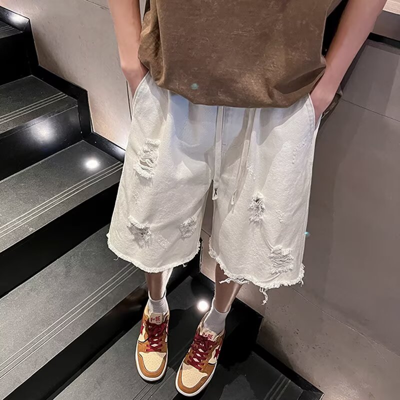 Vintage High Street Frayed Washed Denim Shorts for Men & Women, Trendy Loose Straight Casual Summer Five-Point Shorts Vintage High Street Frayed Washed Denim Shorts for Men & Women, Trendy Loose Straight Casual Summer Five-Point Shorts